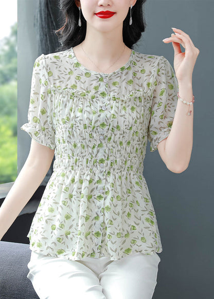 Stylish Green O-neck Ruffled Print Chiffon Shirts Summer