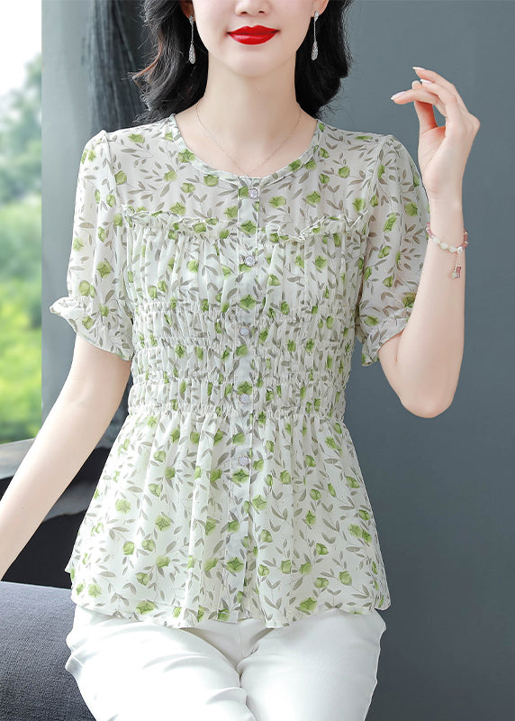 Stylish Green O-neck Ruffled Print Chiffon Shirts Summer