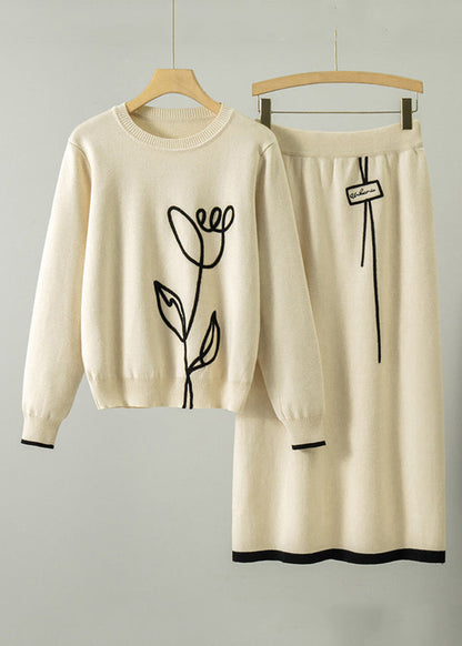 New Grey O Neck Embroidered Knit Two Pieces Set Fall