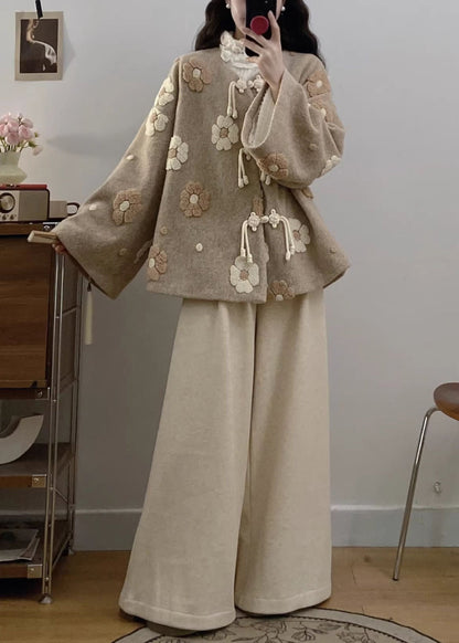 Apricot Chinese Button Coat and Wide Leg Pants Woolen Two Pieces Set Fall