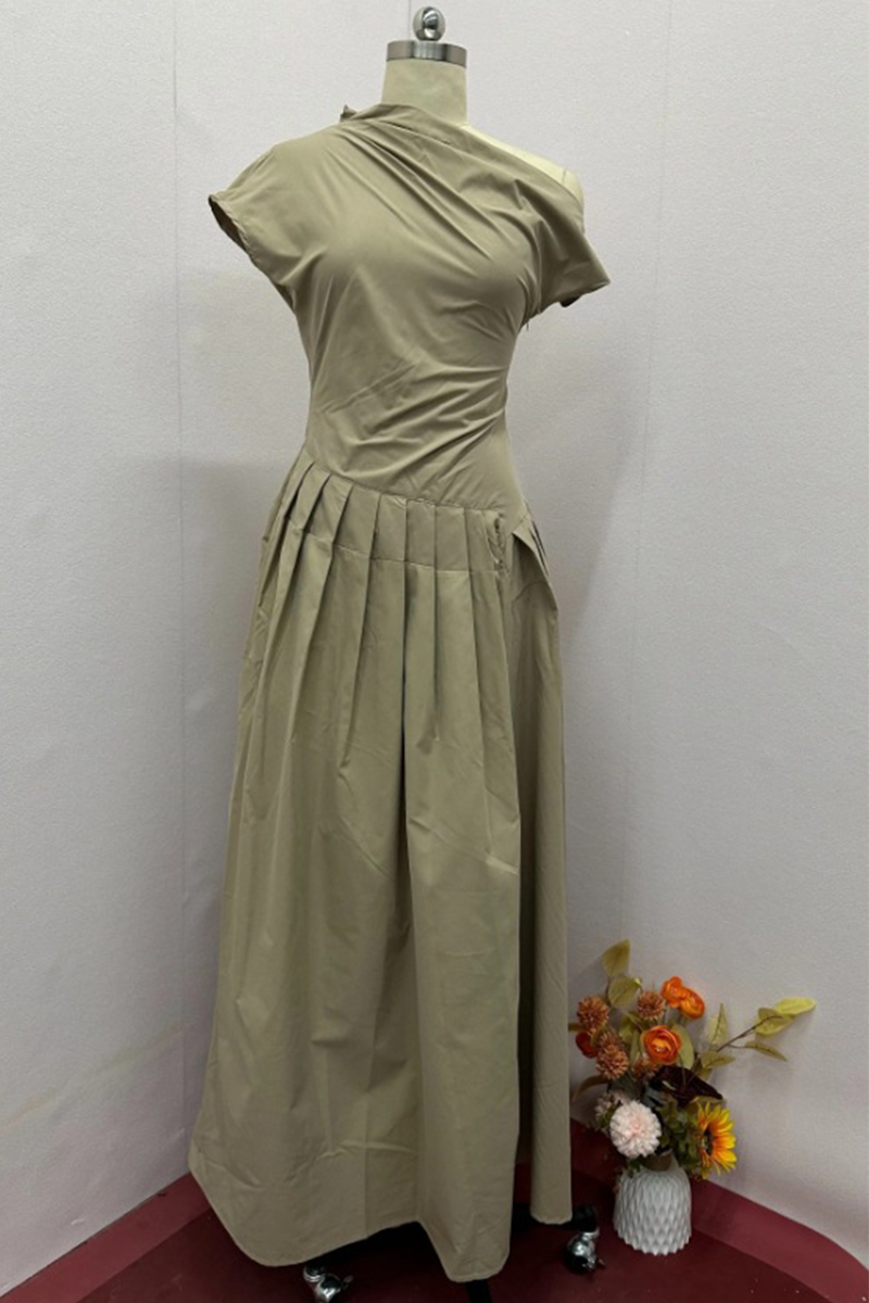 Street Color Ruched Irregular Oblique Collar Sleeveless Dresses(3 Colors)