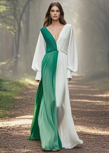 Asymmetrical Wrinkled Patchwork Chiffon Long Dress Spring
