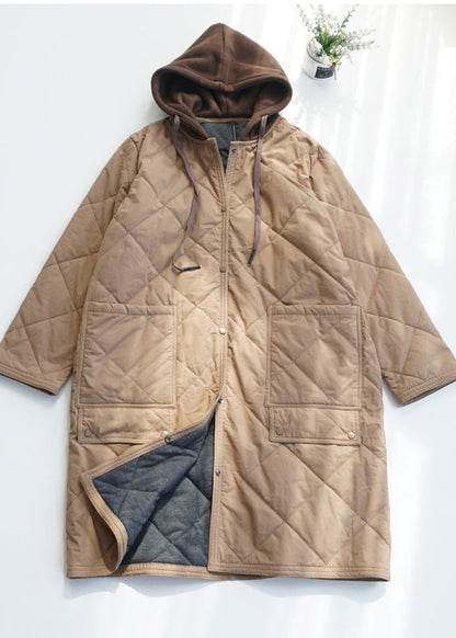 Army Green Pockets Fine Cotton Filled Hooded Coat Fall