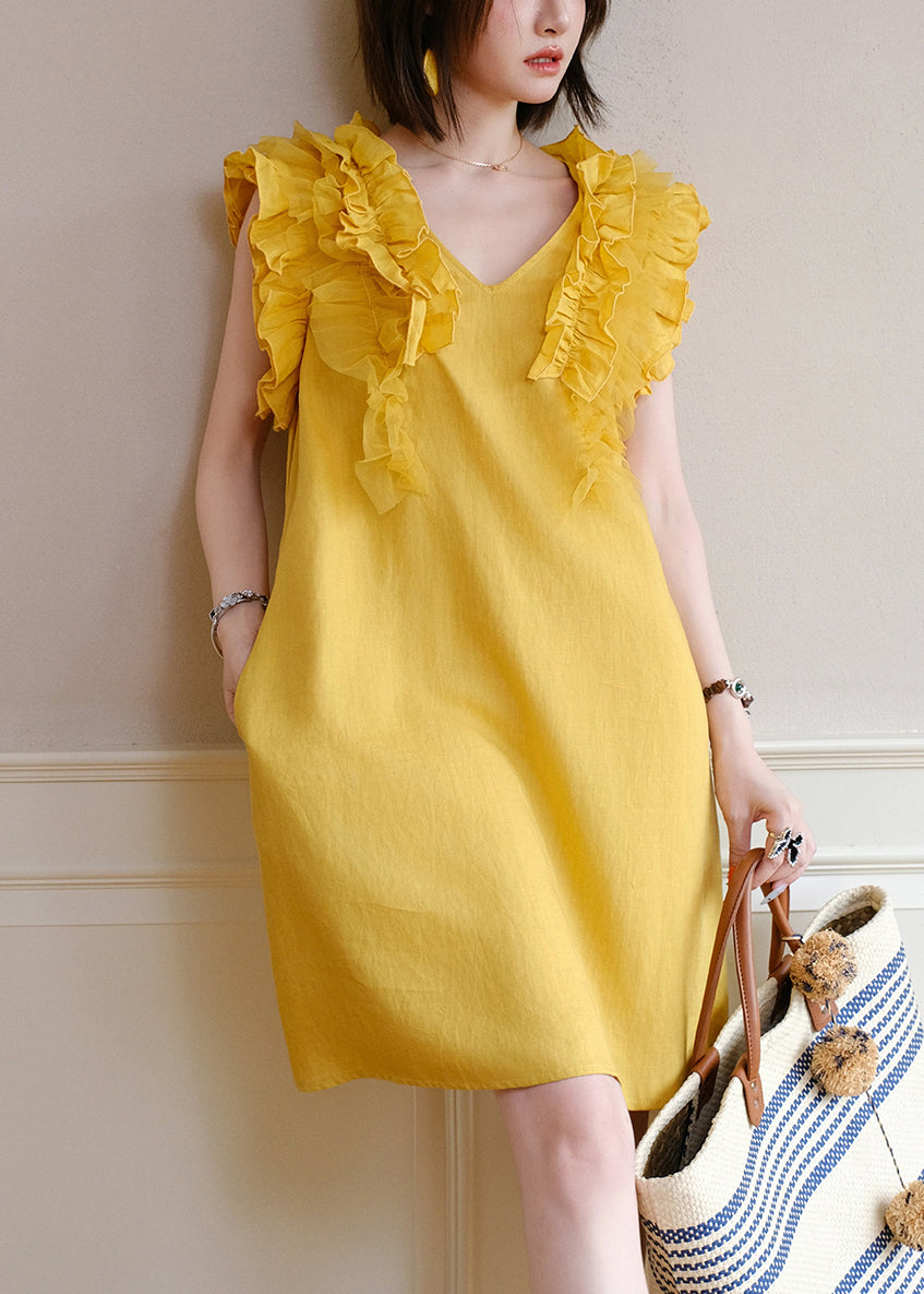 Yellow V Neck Ruffled Tulle Patchwork Mid Dress Sleeveless