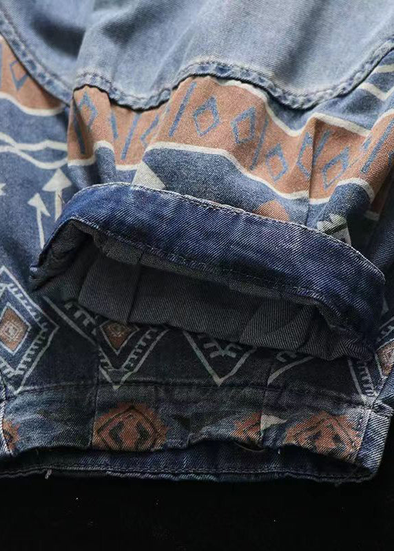 Blue Pockets Elastic Waist Patchwork Denim Crop Pants Summer