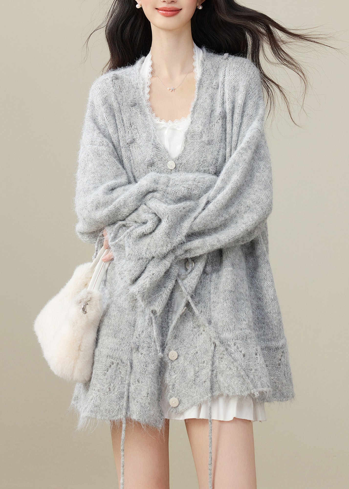 Grey Fuzzy Ball Decorated Drawstring Knit Cardigan Winter