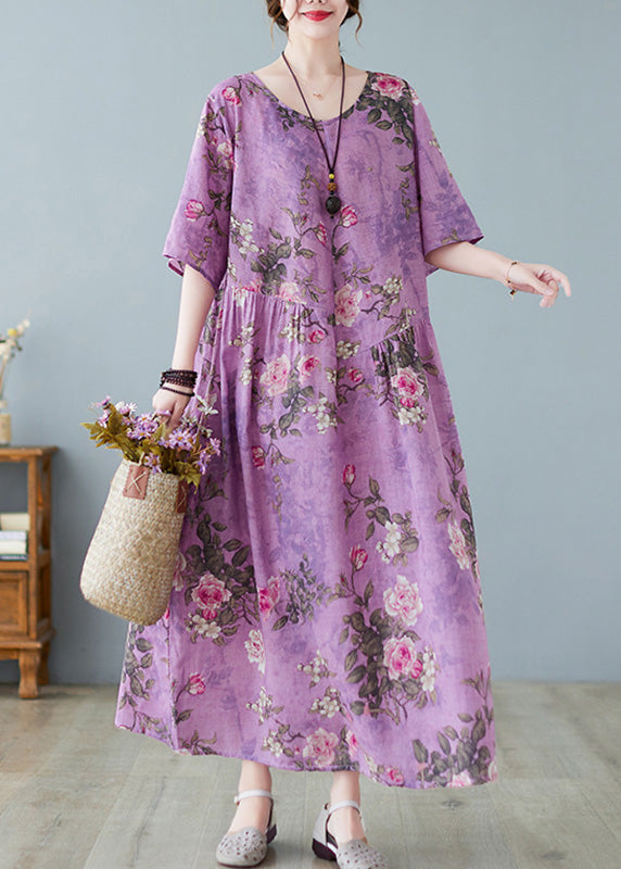 Purple O-neck Print Maxi Dress Summer