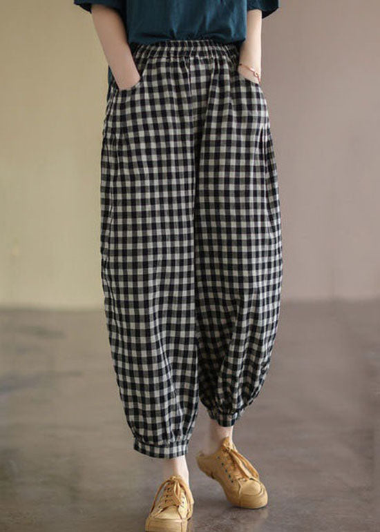 Black Plaid Pockets Patchwork Cotton Lantern Pants Summer