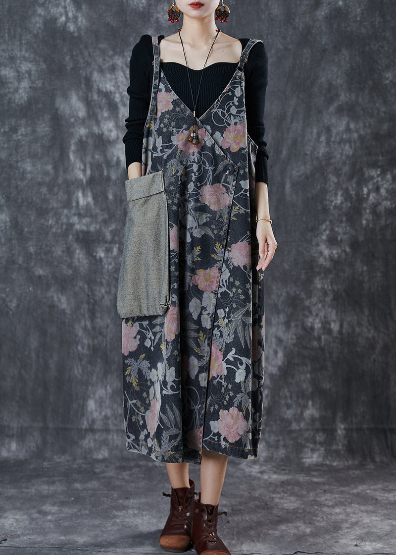 Black Print Patchwork Pocket Denim Cami Dress Spring