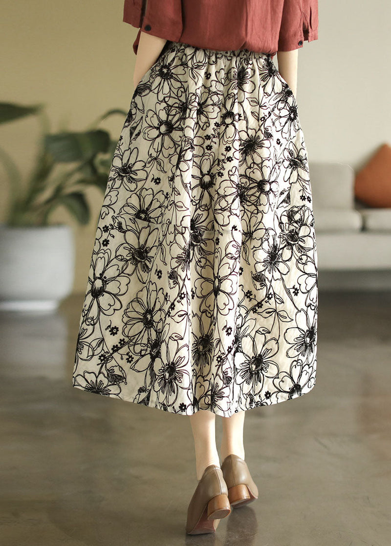 French Beige Embroidered Exra Large Hem Pockets Linen Skirts Summer