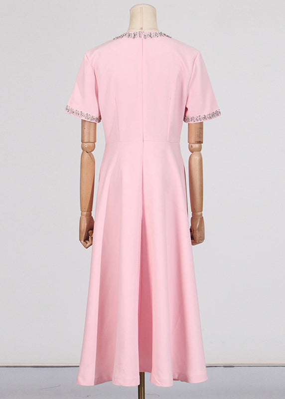 Pink O Neck Zircon Bow Cotton Long Dress Summer
