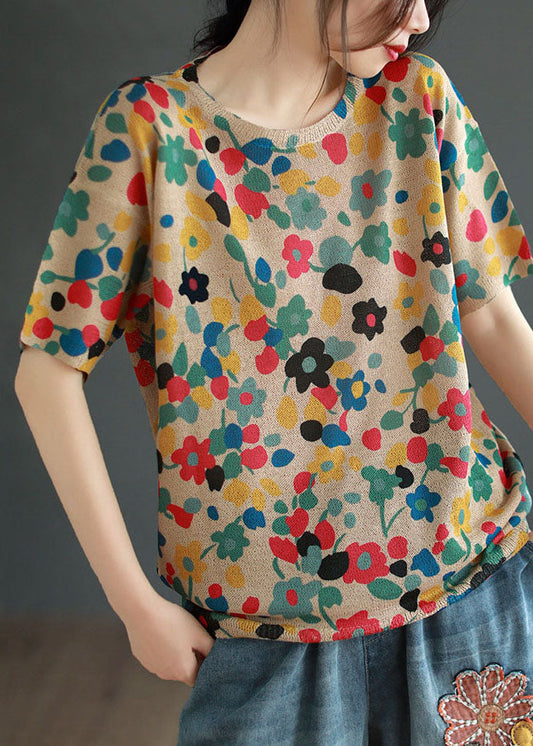 Red Print Patchwork Cotton T Shirt Top O Neck Summer