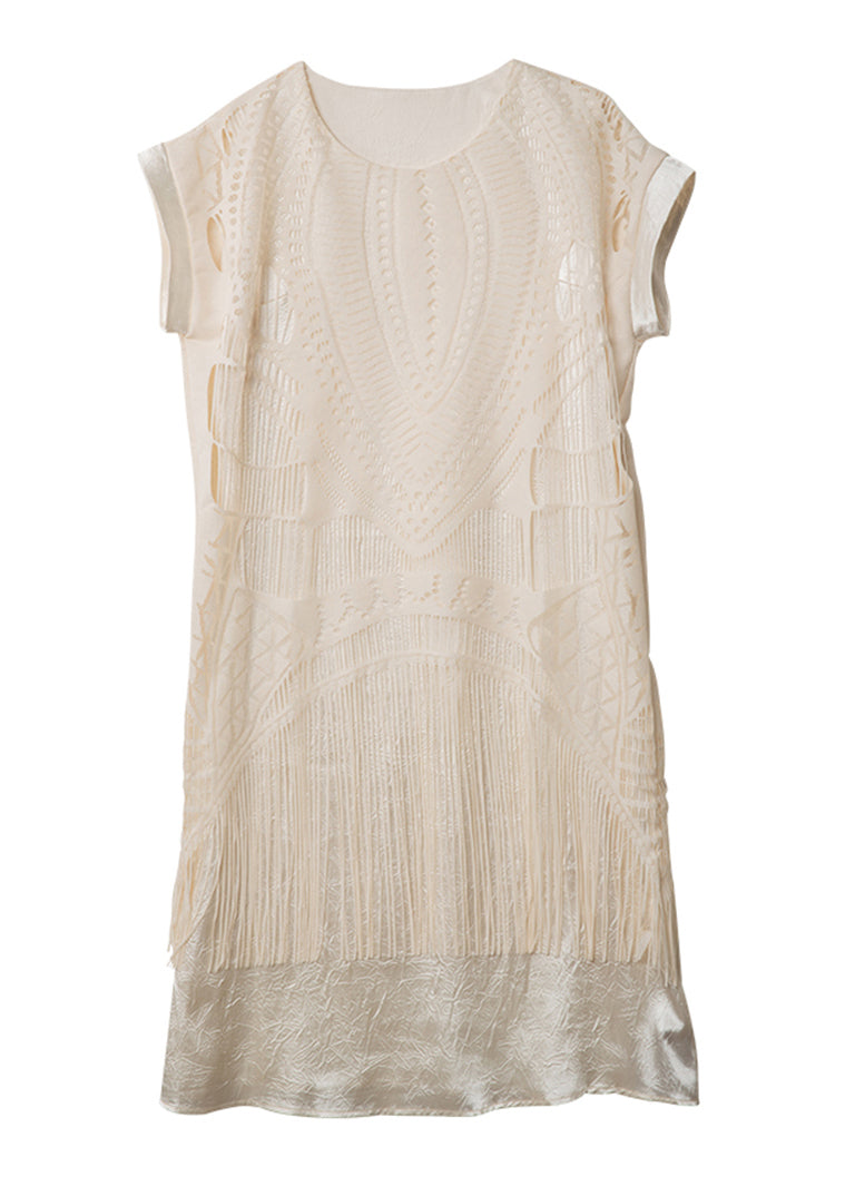 Beige Tasseled False Two Pieces Patchwork Chiffon Dress Summer