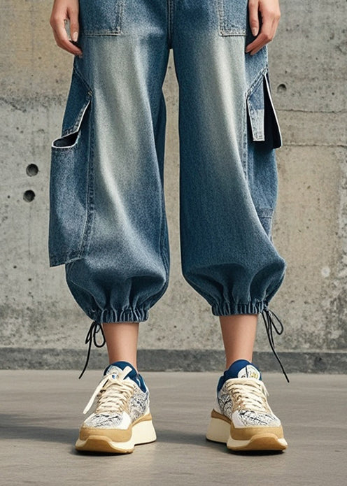 Blue Oversized Pockets Denim Crop Pants Fall