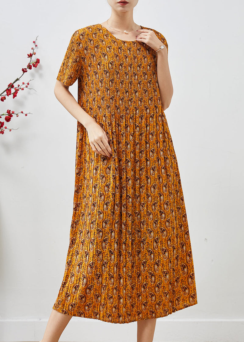 Yellow Print Chiffon Pleated Dress Summer