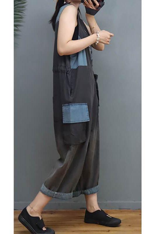 Denim Color Patchwork Patchwork Cinched Sleeveless Jumpsuits Dungarees