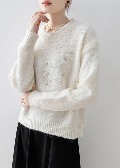 White O Neck Butterfly Zircon Knit Sweater Tops Spring