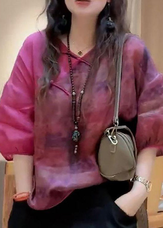Rose V Neck Print Button Linen Shirt Half Sleeve