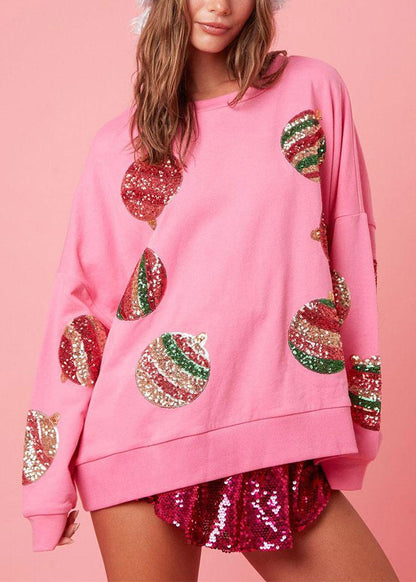 Italian White O Neck Sequins Cotton Sweatshirts Top Winter