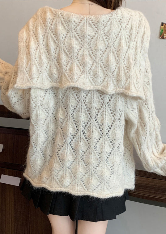 Beige Button Cozy Knit Cardigan Tops Hollow Out