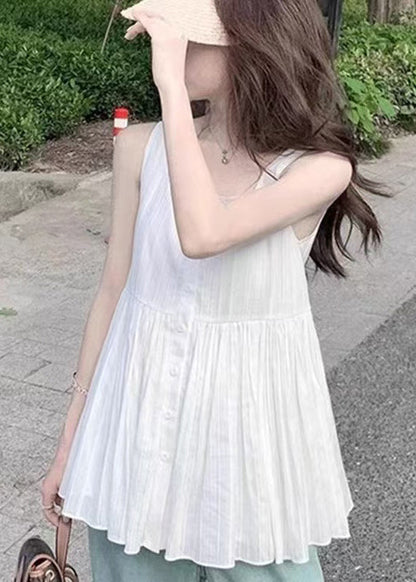 White Square Collar Wrinkled Cotton Shirt Sleeveless