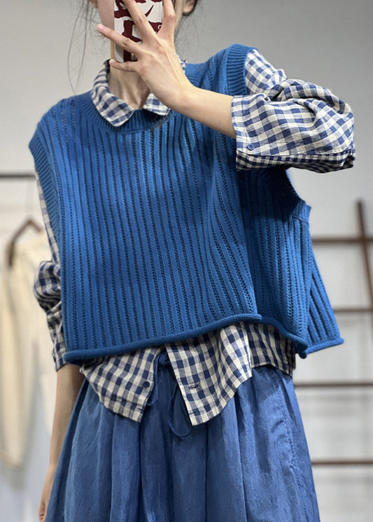 Blue O-neck Oversized Knit Vest Top Spring