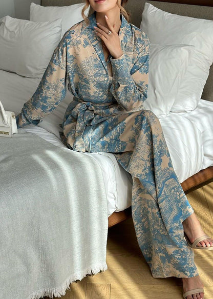 French Print Long Sleeved Lace Up Shirt and Wide Leg Pants Set