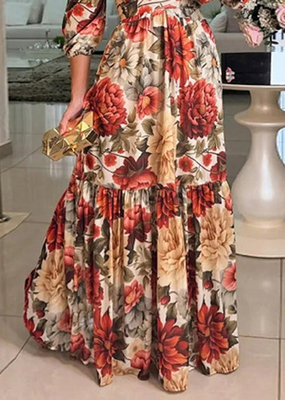 Photo Color V Neck Print Cotton Long Dresses Bracelet Sleeve