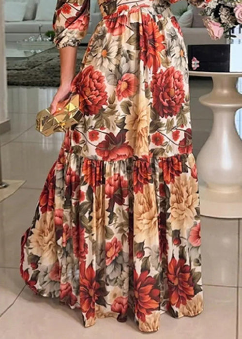 Photo Color V Neck Print Cotton Long Dresses Bracelet Sleeve