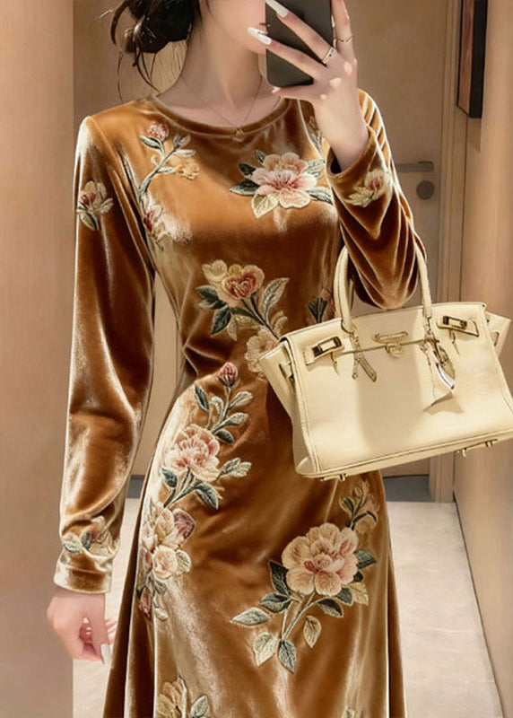 Unique Yellow O-neck Embroidered Silk Velvet Maxi Dresses Fall