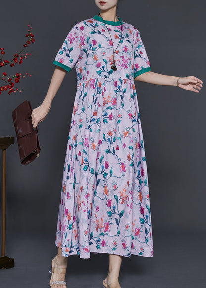 Pink Stand Collar Print Silk Long Dress Summer