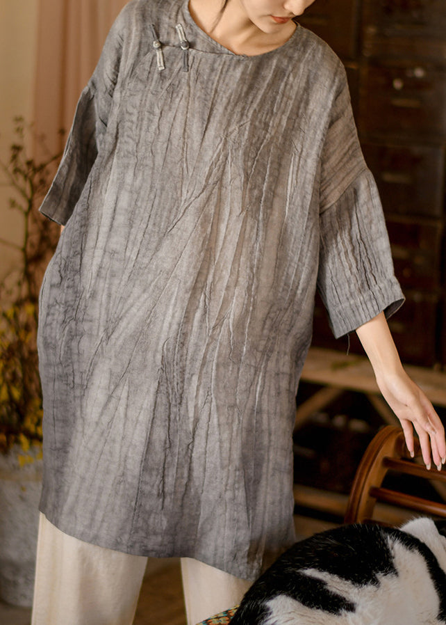 Beige O Neck Chinese Button Linen Mid Dress Bracelet Sleeve