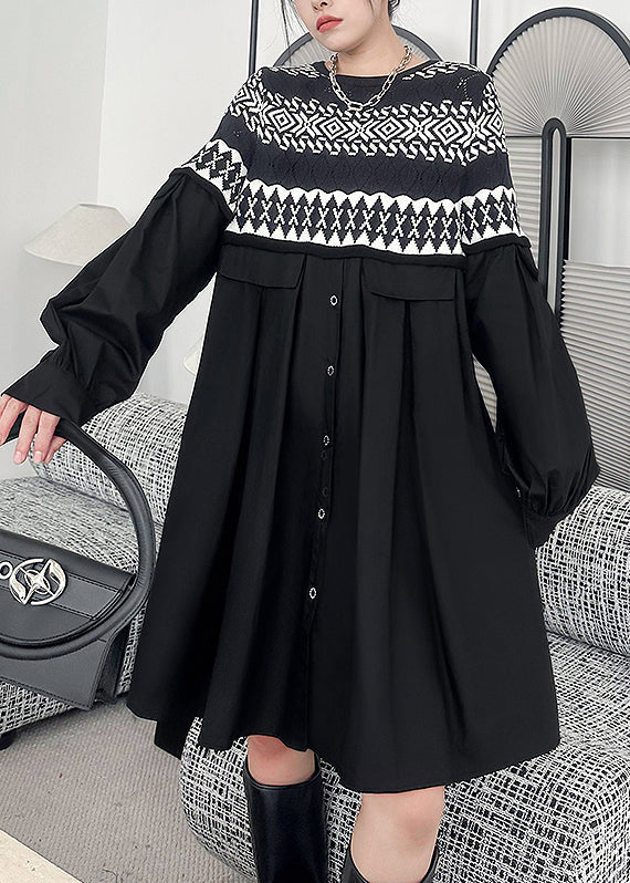 Black O Neck Knit Patchwork Cotton Dresses Fall