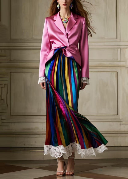 Multicolour Striped Patchwork Lace Silk Pleated Skirt Summer