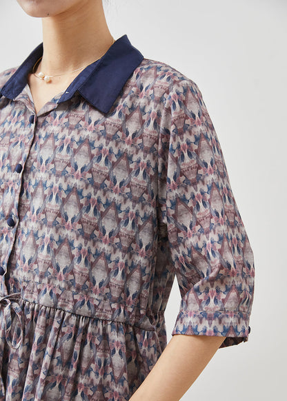 Cinched Print Cotton Long Dress Half Sleeve
