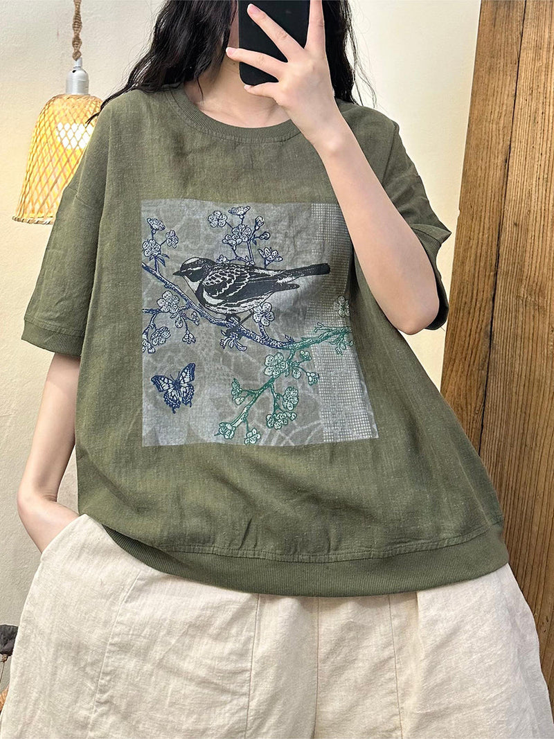 Summer Bird Print Cotton Shirt