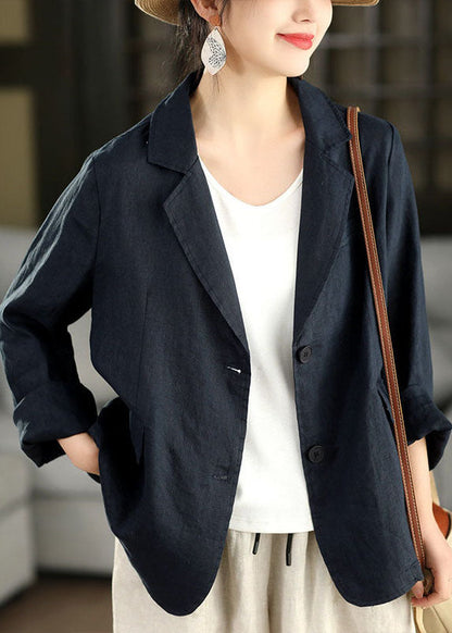 Navy Peter Pan Collar Pockets Linen Coats Long Sleeve