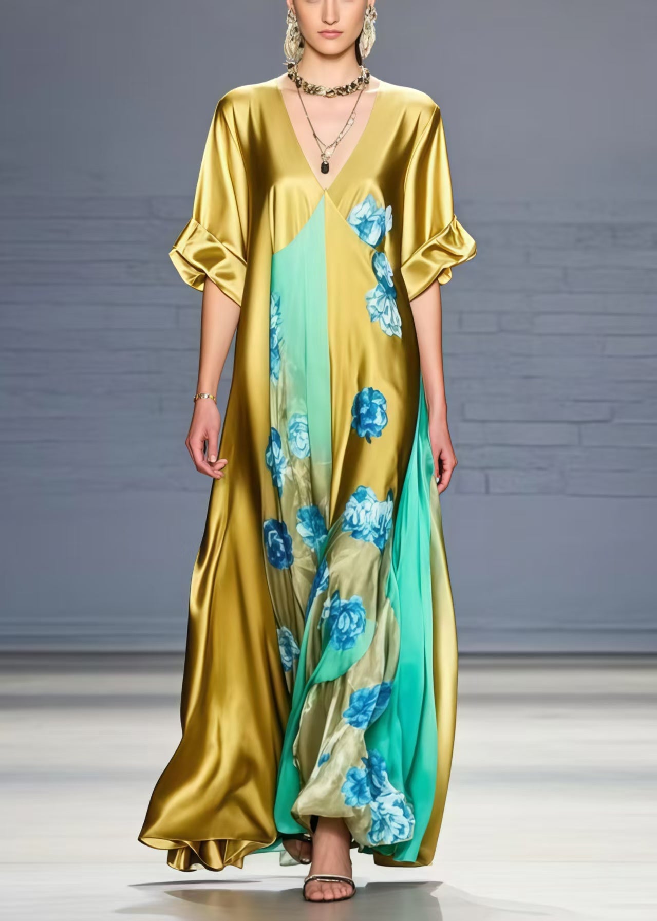Grass Green V Neck Silk Dress Summer