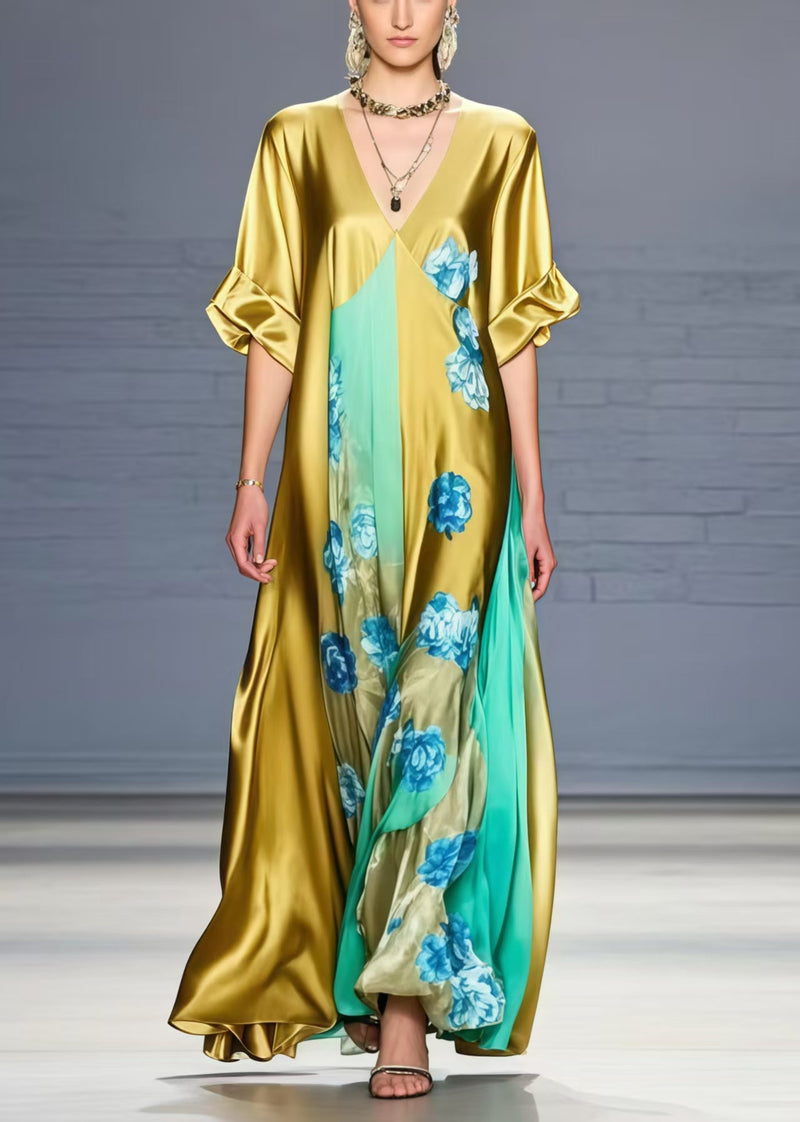 Grass Green V Neck Silk Dress Summer