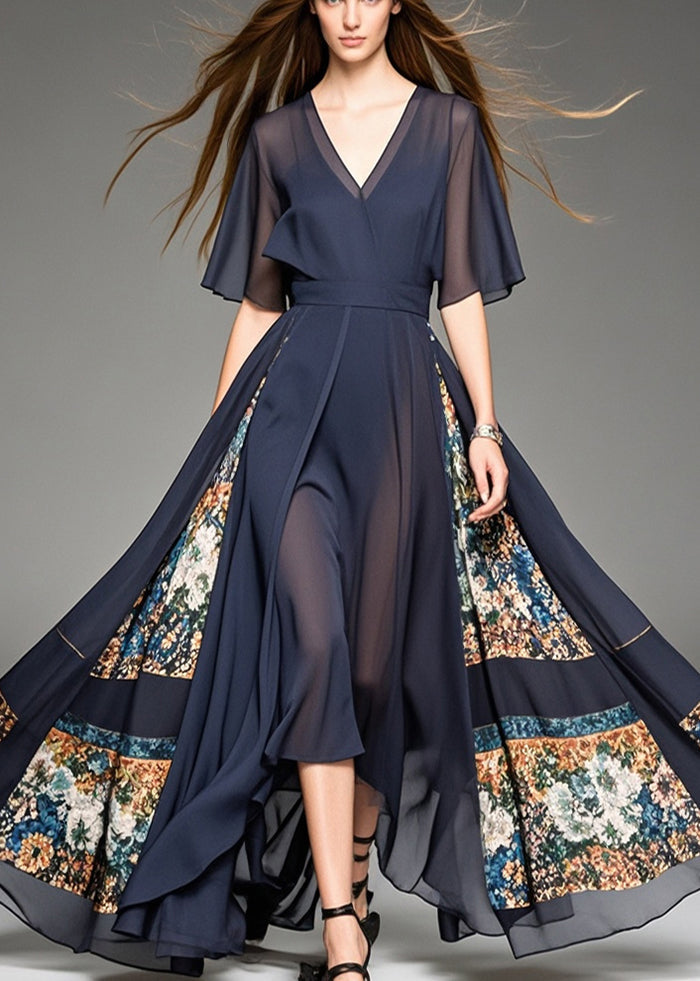 Black Patchwork Print Chiffon Long Dresses Cinched Summer