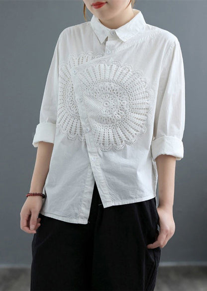 White Asymmetrical Patchwork Lace Blouses Spring