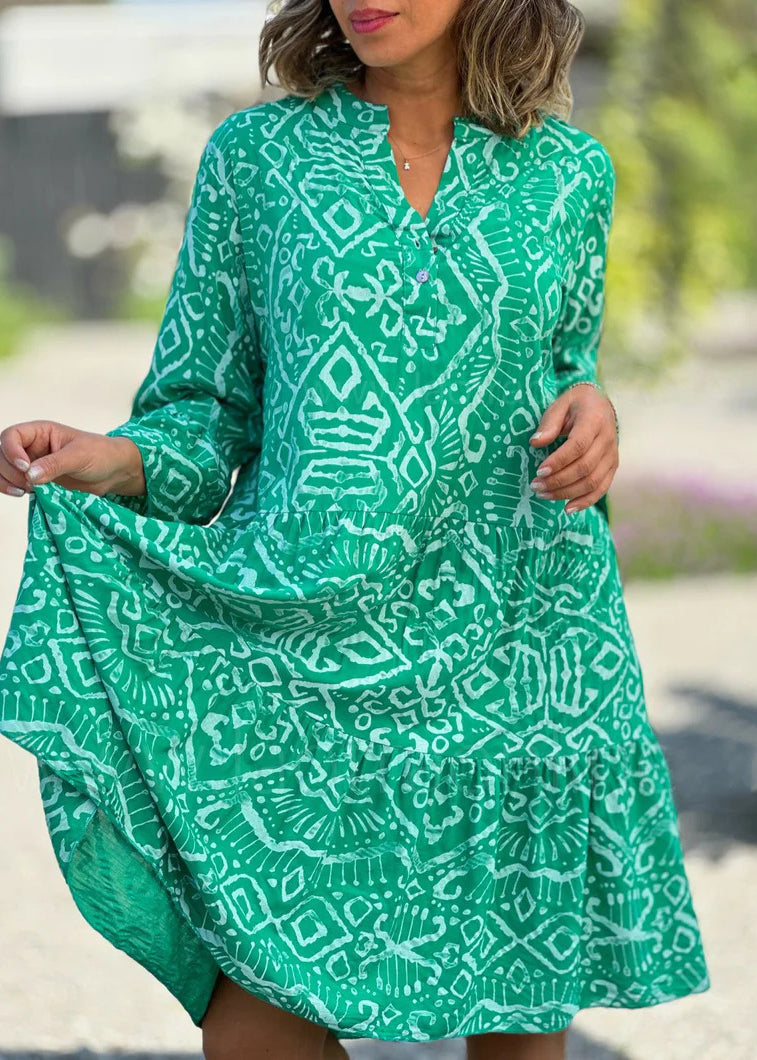 Black V Neck Print Patchwork Cotton Dresses Flare Sleeve