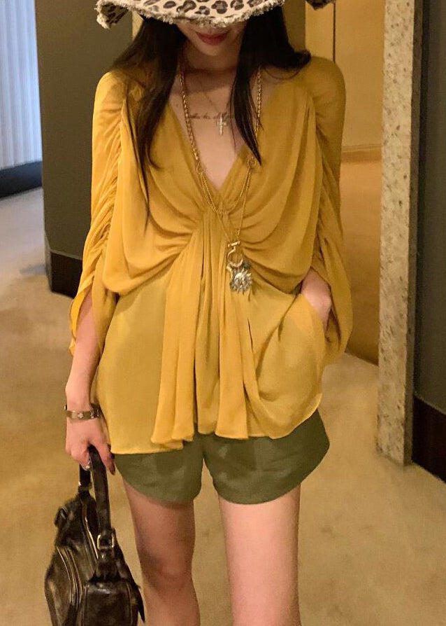 Yellow V Neck Wrinkled Shirt Batwing Sleeve