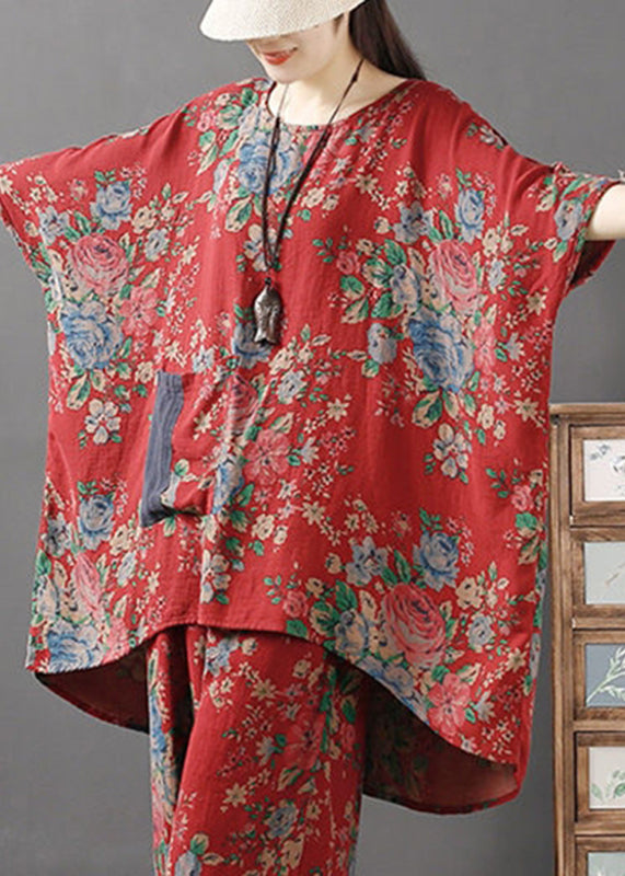 Red O-neck Print Low High Design Pockets Linen Tops Long Sleeve