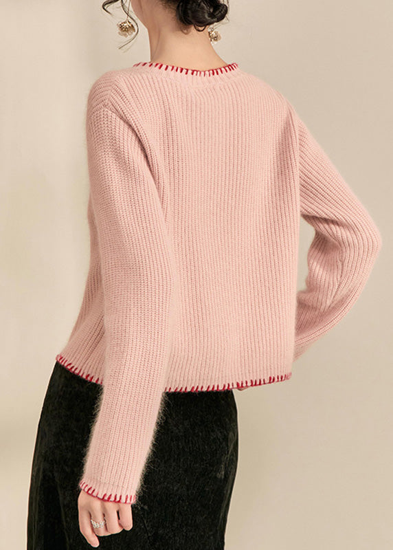 Art Pink Patchwork Button Cotton Knit Cardigan Spring