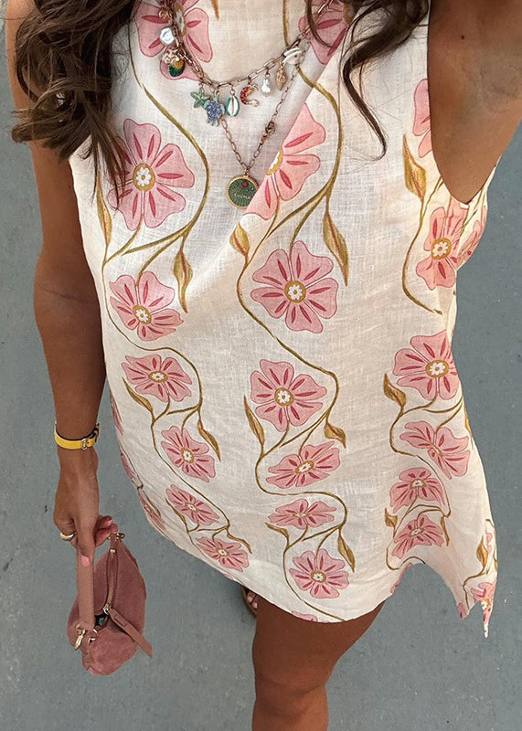 Italian Pink O Neck Print Cotton Mini Dresses Sleeveless