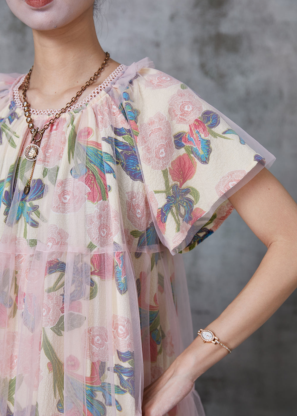 Apricot Print Tulle Work Dress Summer
