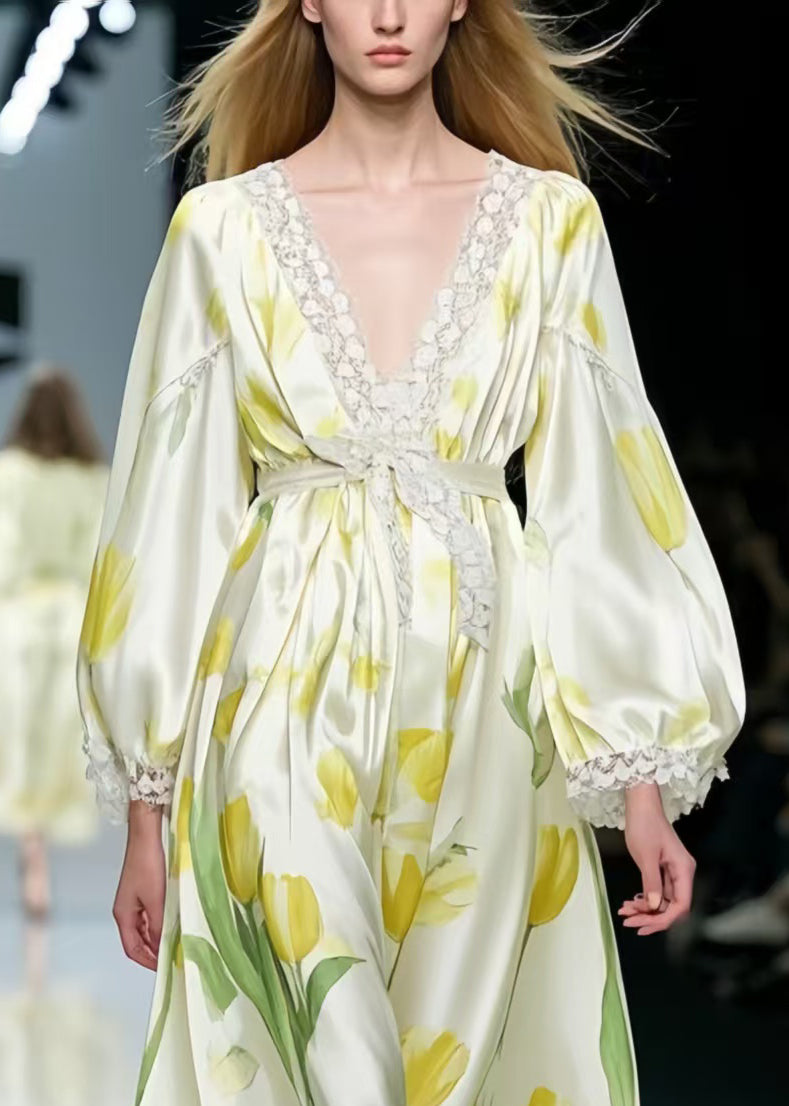 Yellow Silk Party Dress Tie Waist Spring
