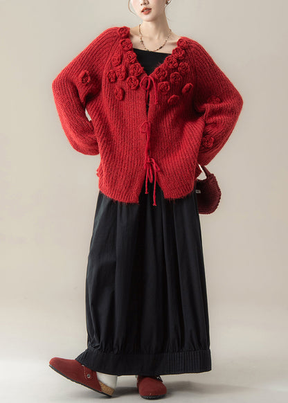 Red V Neck Knit Sweaters and Skirts Two Piece Set Winter