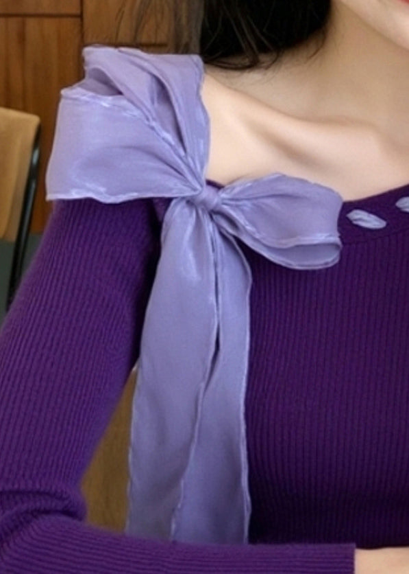 Stylish Purple Bow Knit Sweater Winter